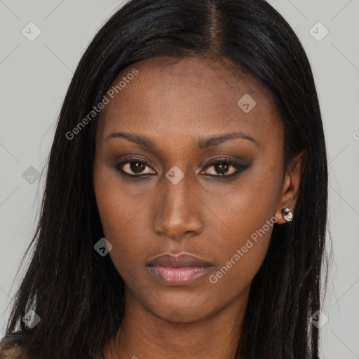 Neutral asian young-adult female with long  brown hair and brown eyes