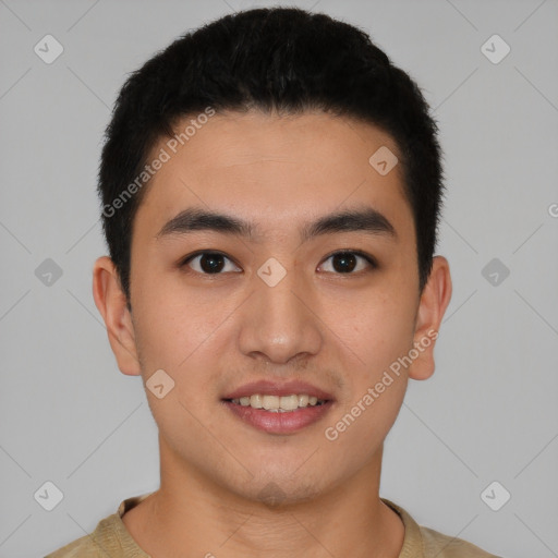 Joyful latino young-adult male with short  brown hair and brown eyes