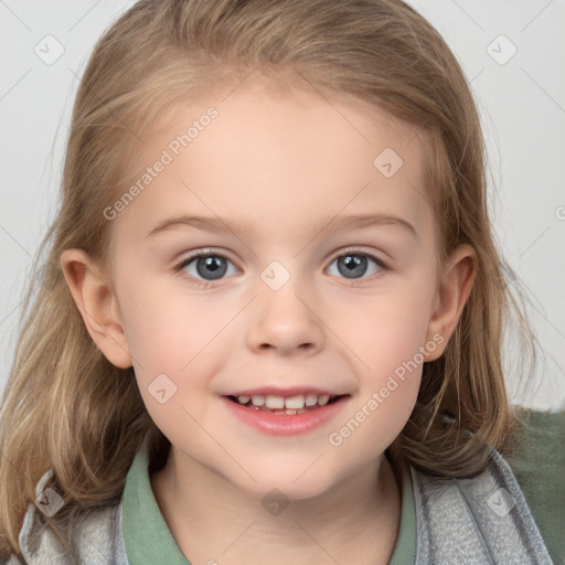 Joyful white child female with medium  brown hair and grey eyes