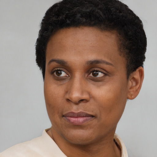 Neutral black young-adult female with short  black hair and brown eyes