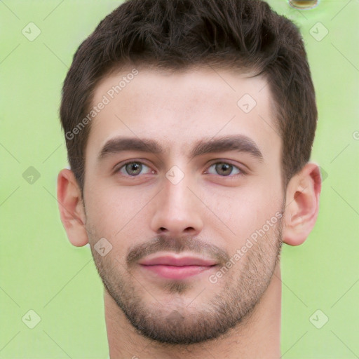 Neutral white young-adult male with short  brown hair and brown eyes