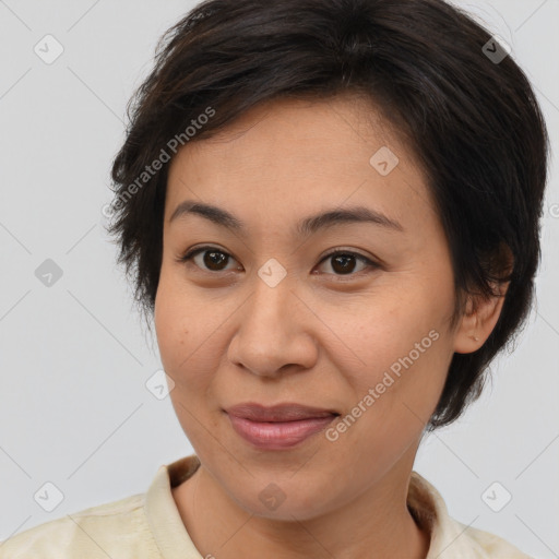 Joyful white young-adult female with medium  brown hair and brown eyes