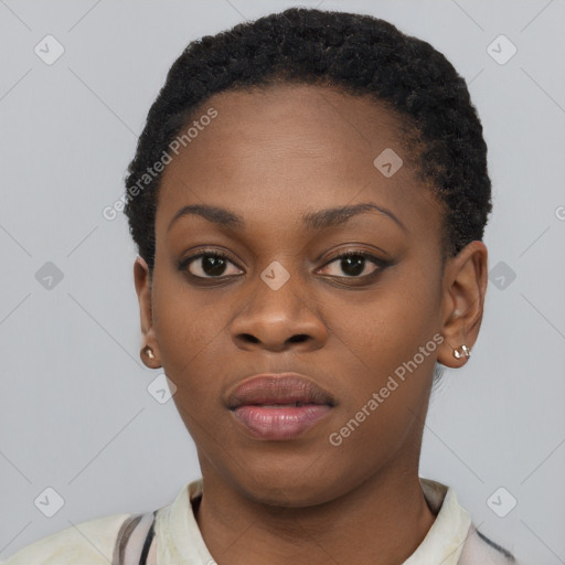 Neutral black young-adult female with short  black hair and brown eyes