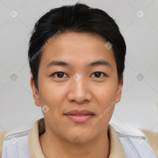 Joyful asian young-adult male with short  brown hair and brown eyes