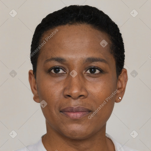 Joyful black young-adult female with short  black hair and brown eyes