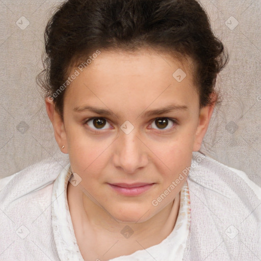 Joyful white child female with short  brown hair and brown eyes