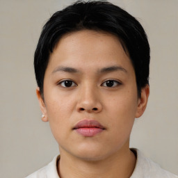 Neutral asian young-adult female with short  black hair and brown eyes