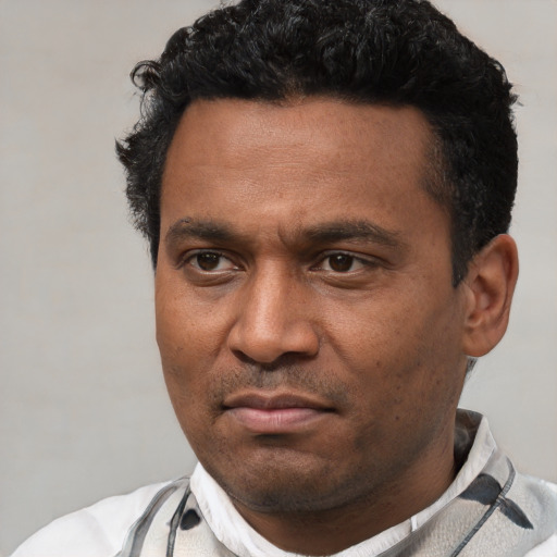 Neutral latino adult male with short  black hair and brown eyes