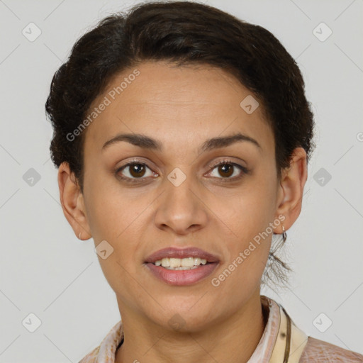 Joyful latino young-adult female with short  brown hair and brown eyes