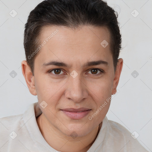 Joyful white young-adult male with short  brown hair and brown eyes