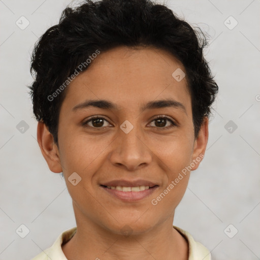 Joyful latino young-adult female with short  brown hair and brown eyes