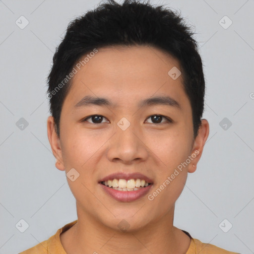 Joyful latino young-adult male with short  brown hair and brown eyes