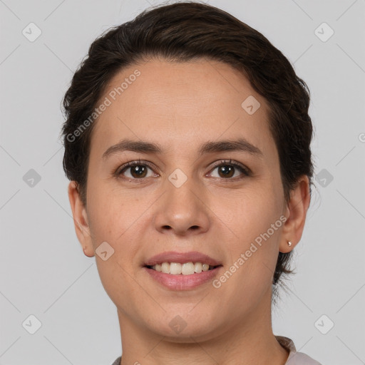 Joyful white young-adult female with short  brown hair and brown eyes