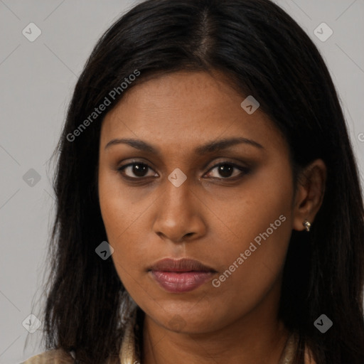 Neutral black young-adult female with long  brown hair and brown eyes