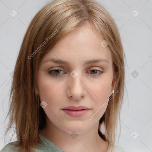 Neutral white young-adult female with medium  brown hair and brown eyes