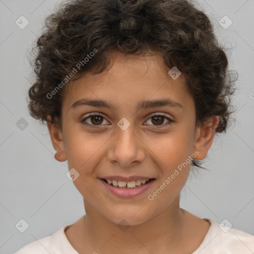 Joyful white child female with short  brown hair and brown eyes