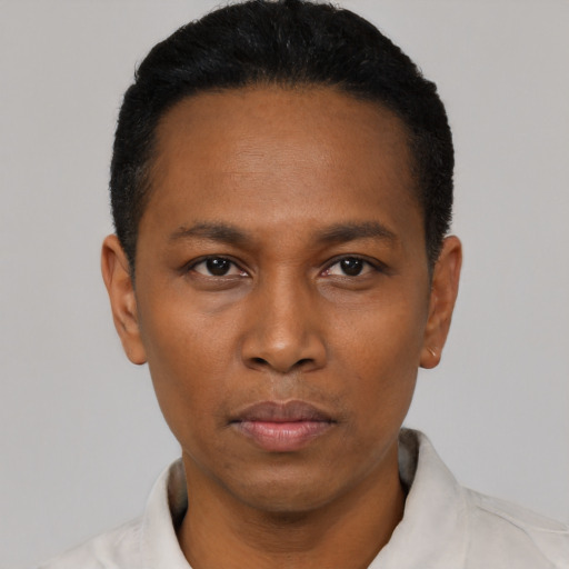 Neutral black young-adult male with short  black hair and brown eyes