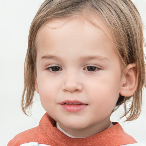 Joyful white child female with medium  brown hair and brown eyes