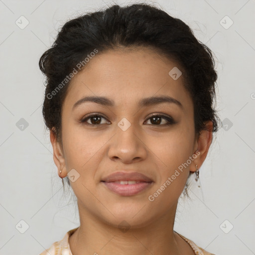 Joyful latino young-adult female with short  brown hair and brown eyes