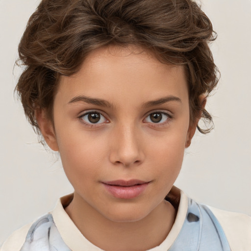 Joyful white child female with short  brown hair and brown eyes