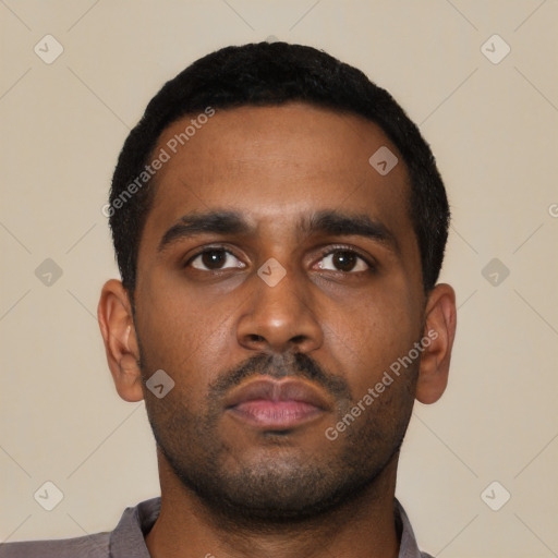 Neutral latino young-adult male with short  black hair and brown eyes