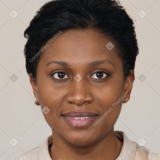 Joyful latino young-adult female with short  black hair and brown eyes