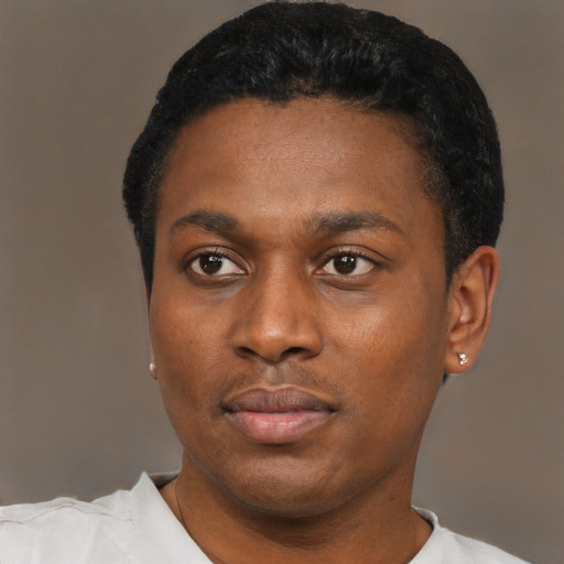 Neutral black young-adult male with short  black hair and brown eyes