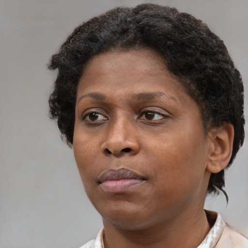 Neutral black adult female with short  brown hair and brown eyes