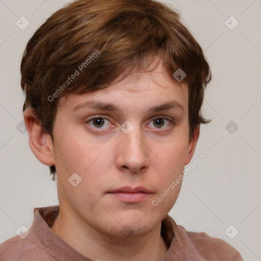 Neutral white young-adult male with short  brown hair and grey eyes