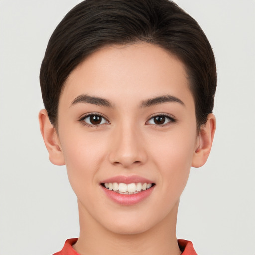 Joyful white young-adult female with short  brown hair and brown eyes