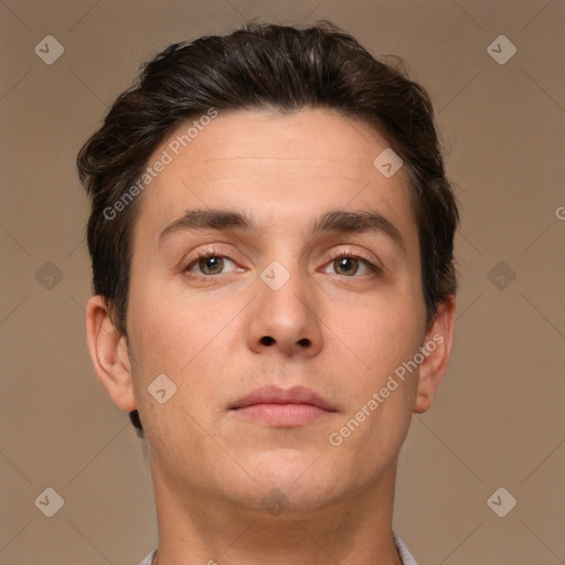 Neutral white young-adult male with short  brown hair and brown eyes