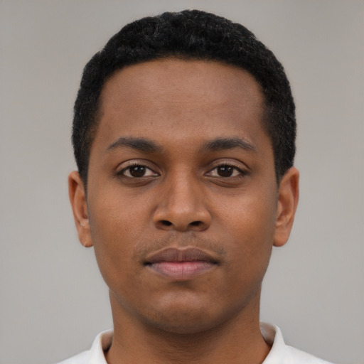 Neutral black young-adult male with short  black hair and brown eyes