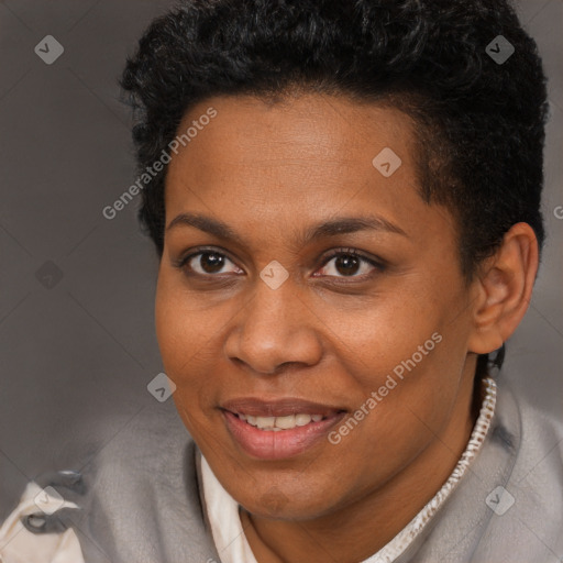 Joyful black young-adult female with short  brown hair and brown eyes