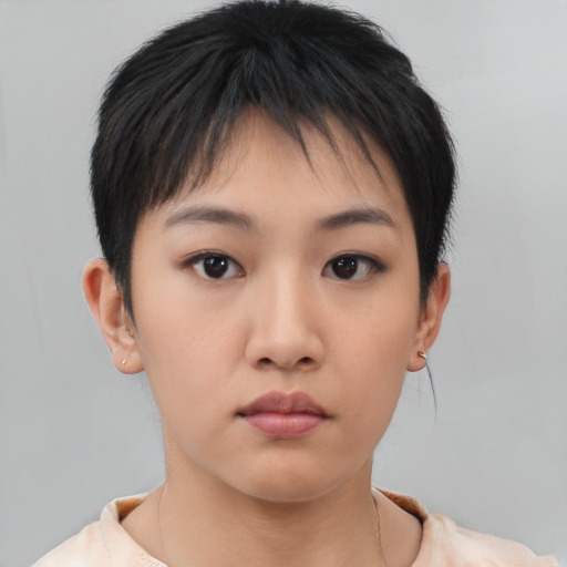 Neutral asian young-adult female with short  brown hair and brown eyes