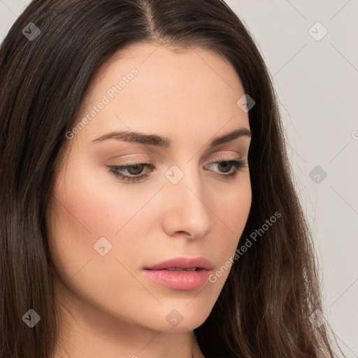 Neutral white young-adult female with long  brown hair and brown eyes