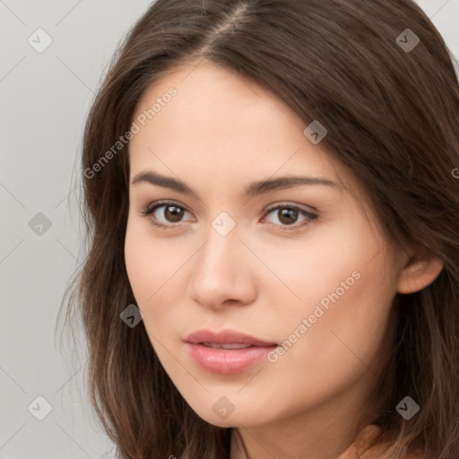 Neutral white young-adult female with long  brown hair and brown eyes