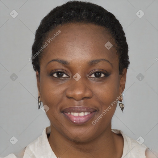 Joyful black young-adult female with short  black hair and brown eyes