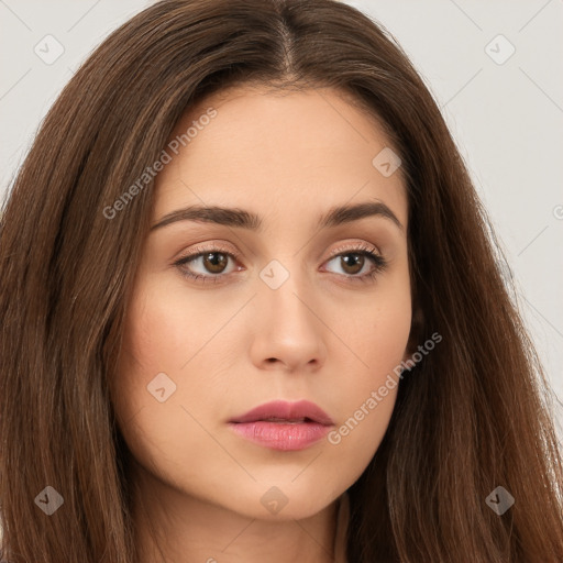 Neutral white young-adult female with long  brown hair and brown eyes