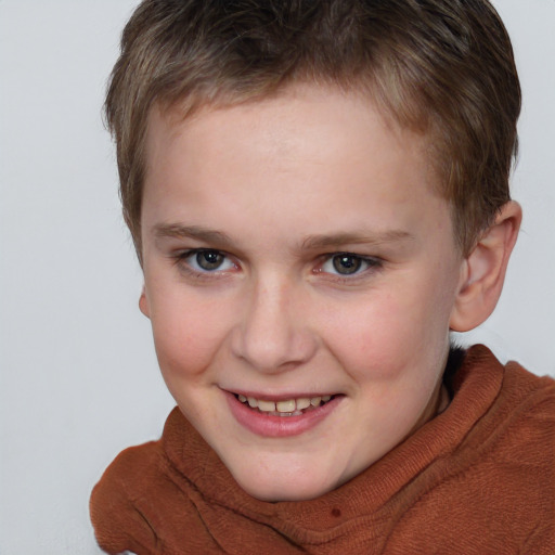 Joyful white child female with short  brown hair and brown eyes