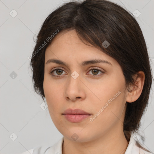 Neutral white young-adult female with medium  brown hair and brown eyes