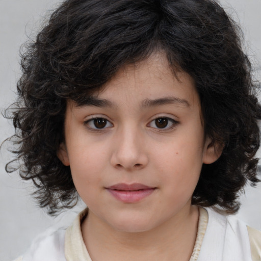 Joyful white child female with medium  brown hair and brown eyes