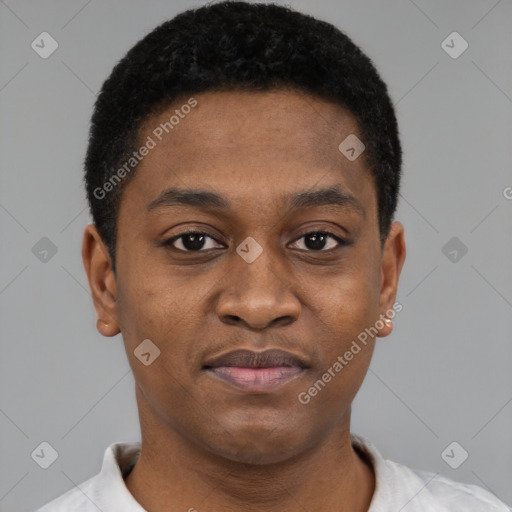 Joyful black young-adult male with short  brown hair and brown eyes