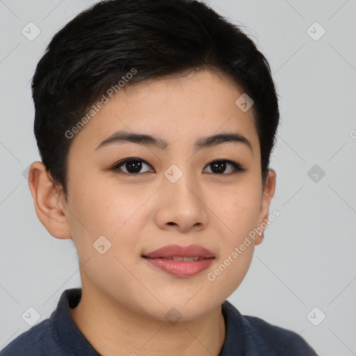 Joyful asian young-adult female with short  brown hair and brown eyes