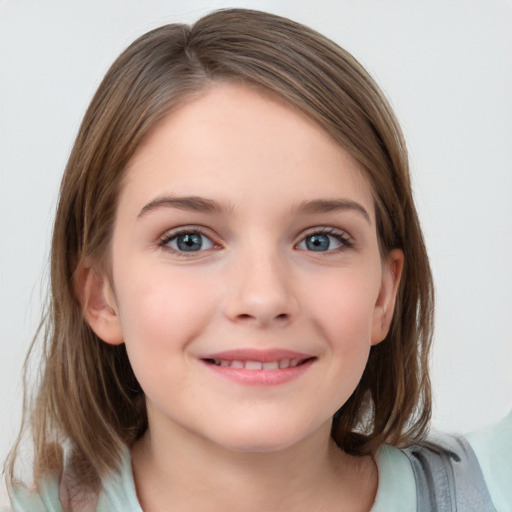 Joyful white child female with medium  brown hair and grey eyes