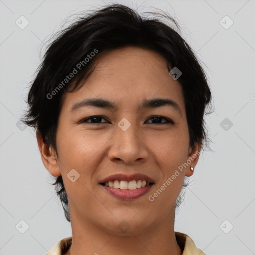 Joyful asian young-adult female with short  brown hair and brown eyes