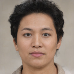 Neutral asian young-adult female with short  brown hair and brown eyes