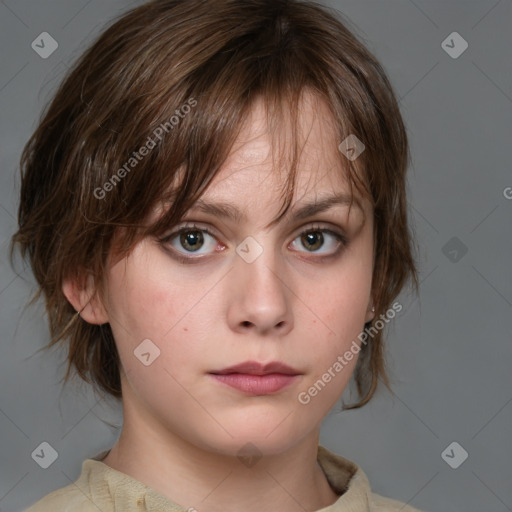 Neutral white young-adult female with medium  brown hair and grey eyes