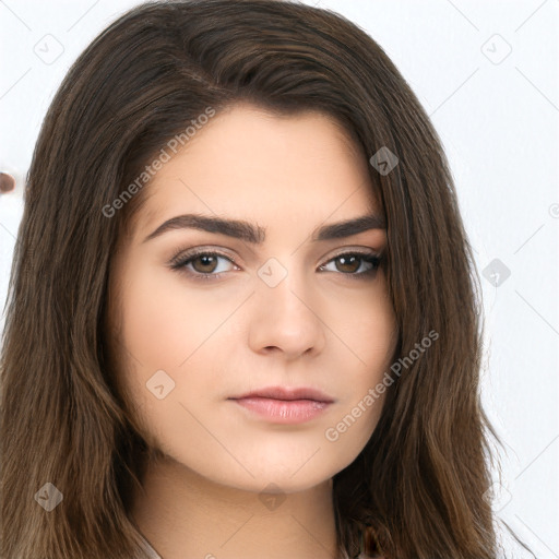 Neutral white young-adult female with long  brown hair and brown eyes