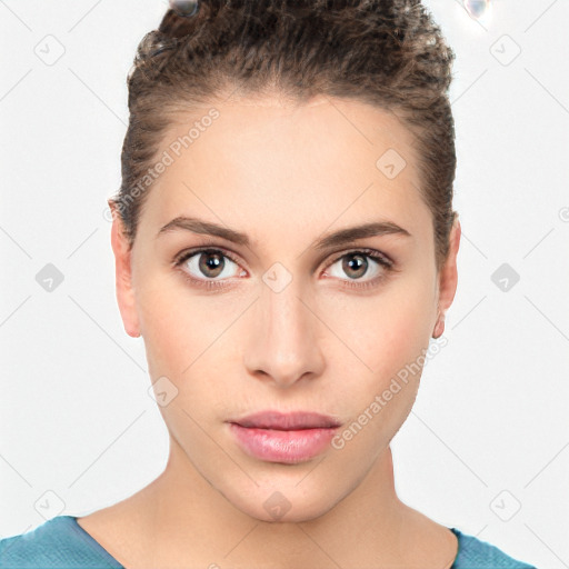 Neutral white young-adult female with short  brown hair and brown eyes