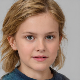 Joyful white child female with medium  brown hair and blue eyes